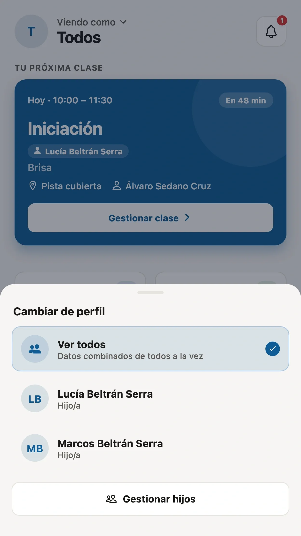 Cambio entre hijos en la app de alumnos y familias