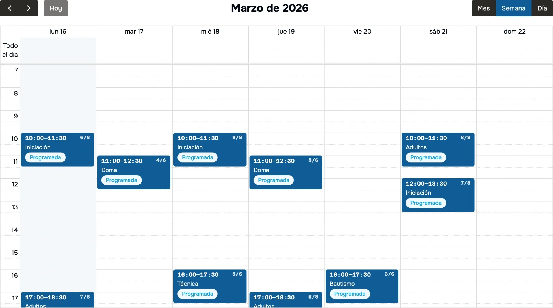 Panel de planificación semanal en la aplicación web